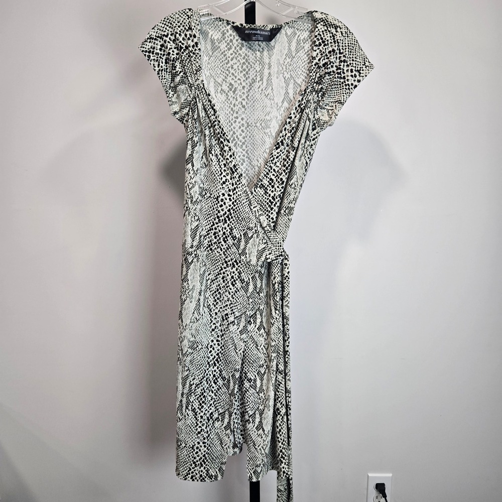 Norma Kamali Grey‎ Snakeskin Wrap Dress Cap Sleeve Midi Career Womens Medium